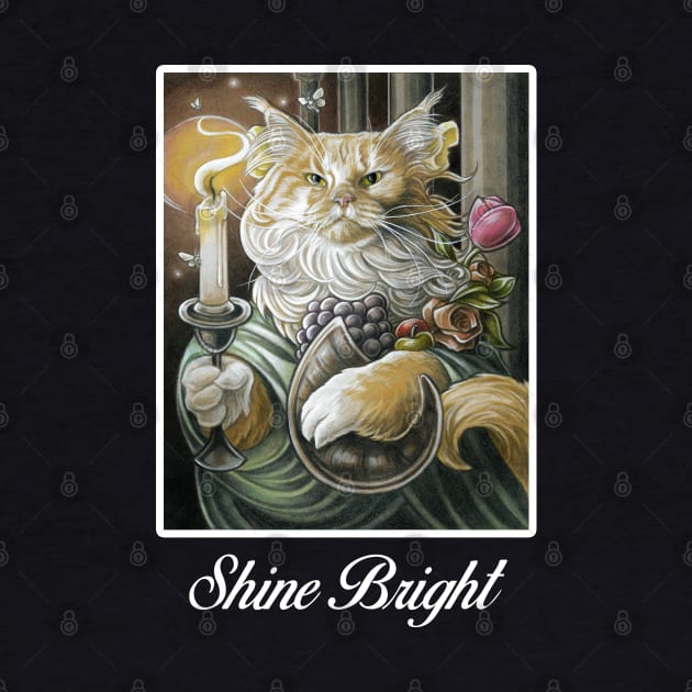 Candle Light Cat - Shine Bright Quote - White Outlined Version by Nat Ewert Art